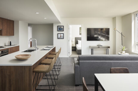 Interior view of an apartment living, dining room.