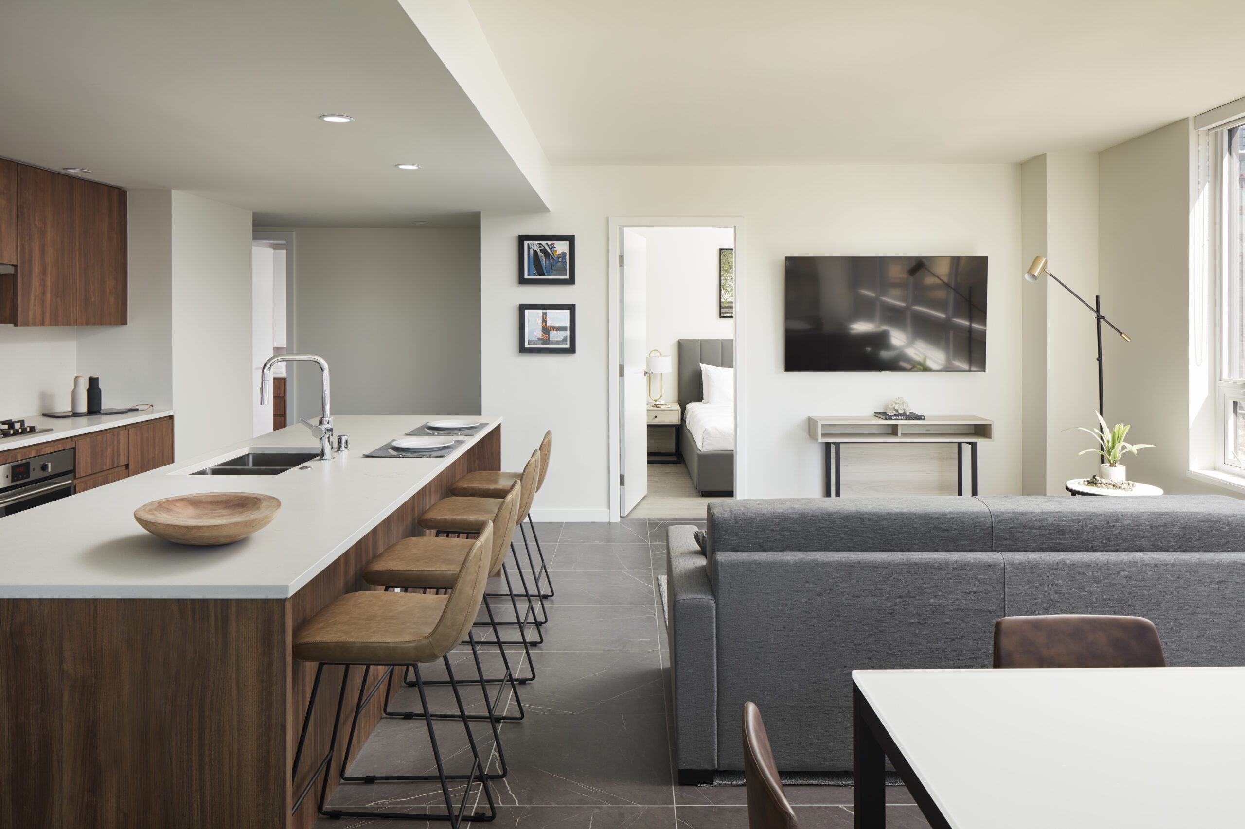 Interior view of an apartment living, dining room.