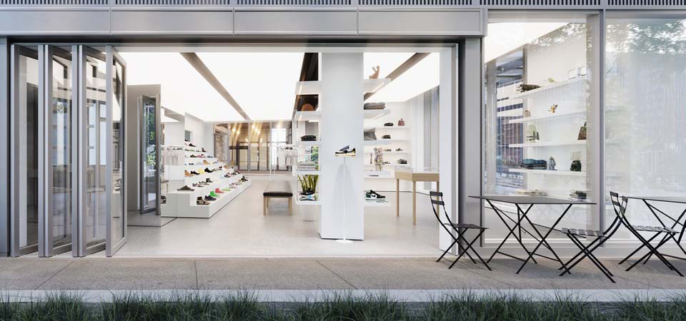 Inside of a modern, boutique sneaker shop.