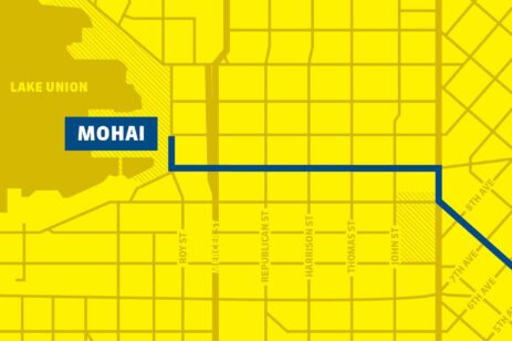 Yellow map graphic outlining a trail route in Seattle.