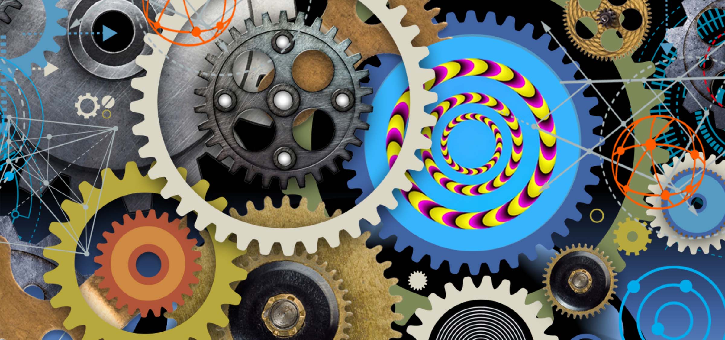 Colorful graphic of gears spinning.