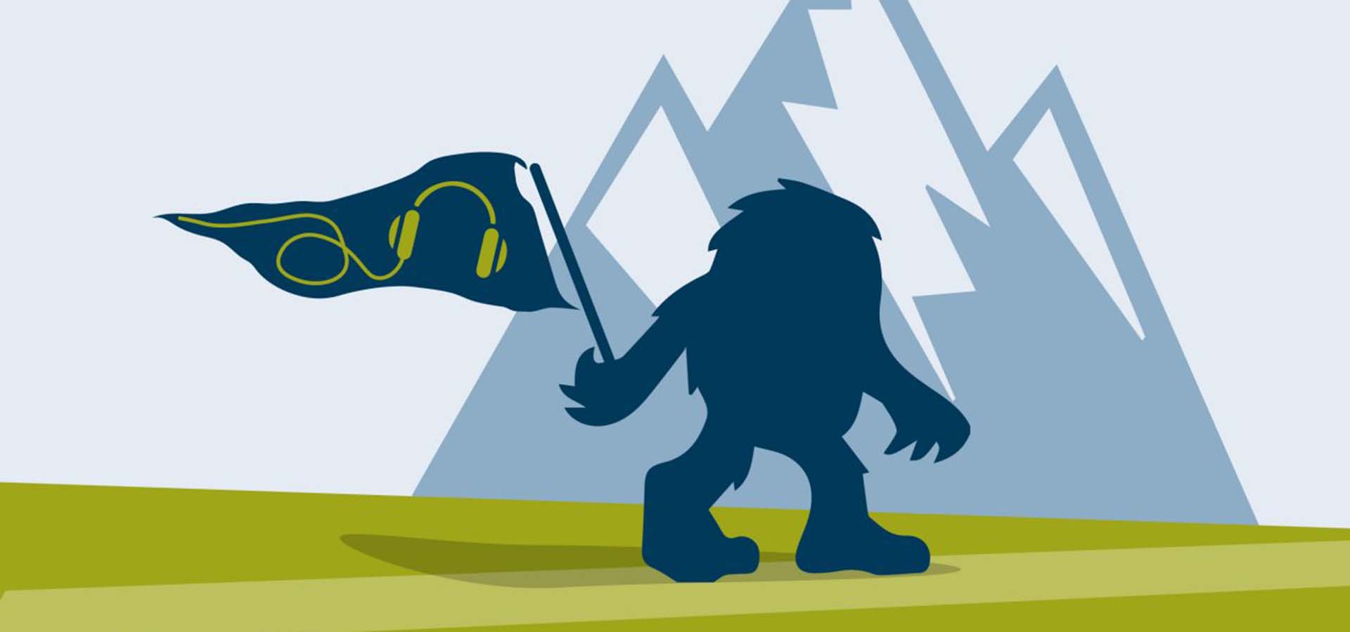 Cartoon of mountains, forest creature holding a podcast flag