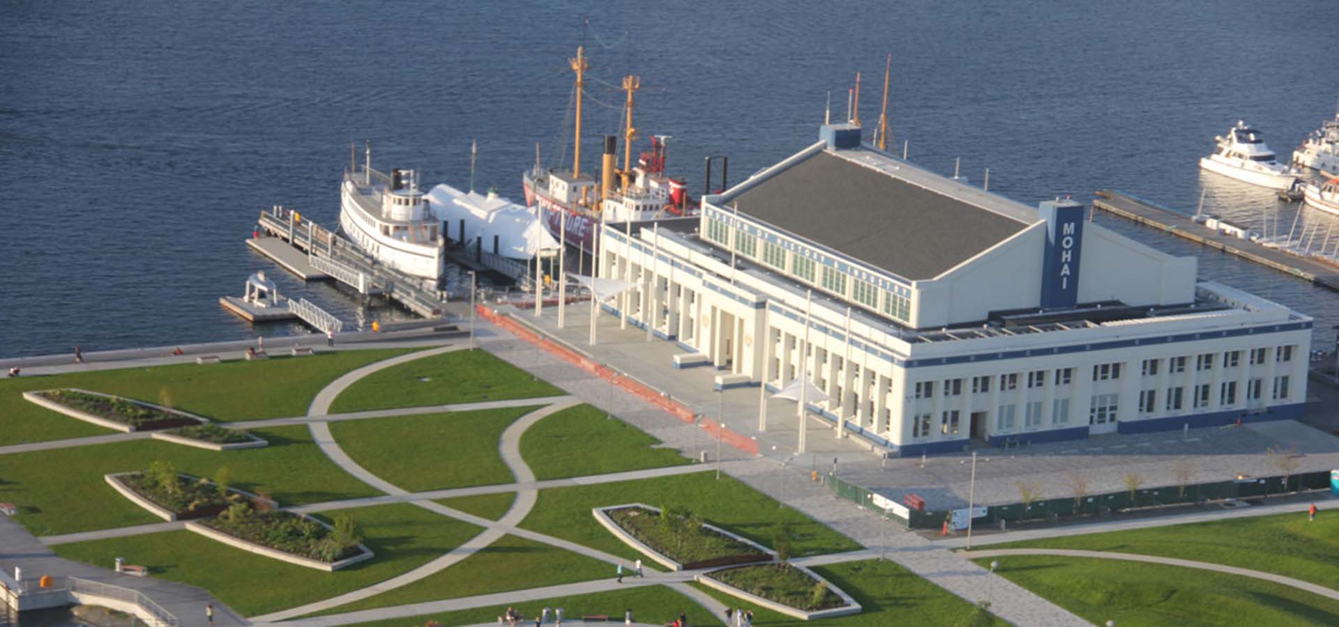 Bird's eye view of MOHAI and the park grounds at South Lake Union.