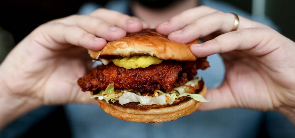 Man's hands holding a chicken sandwich.