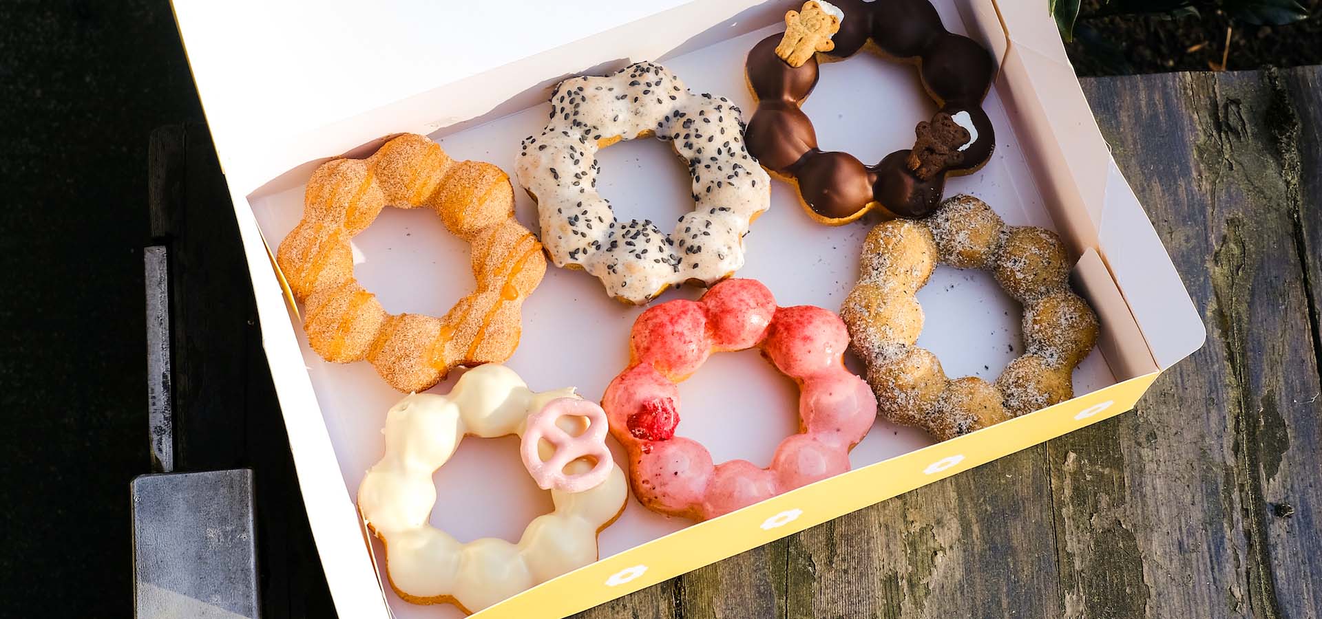 A box of donuts from Mochinut, a donut combined with mochi.