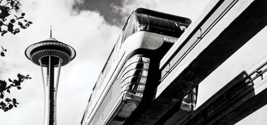 Old photo of the Seattle Space Needle and the monorail.