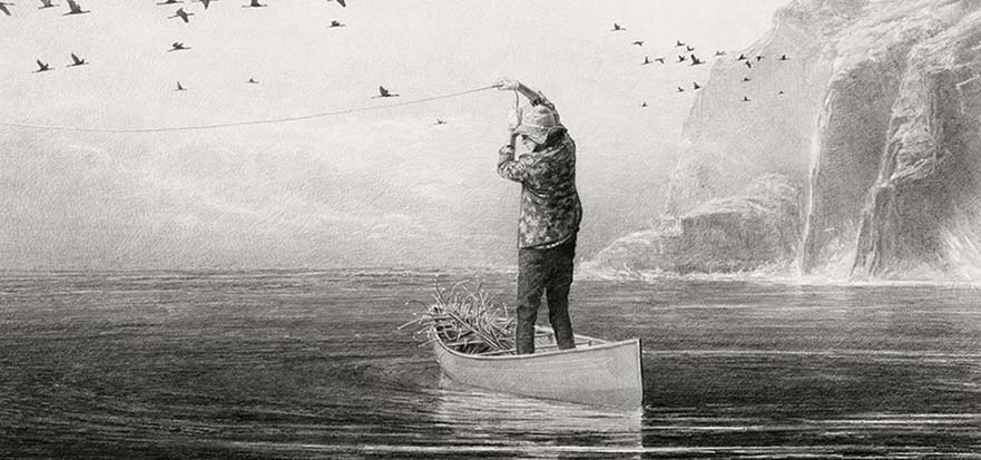 Drawing of a man casting a fishing line in a small row boat.