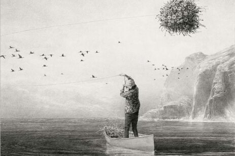 Drawing of a man casting a fishing line in a small row boat.