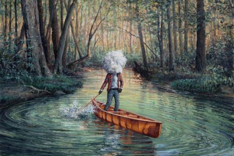 Abstract painting of a man figure canoeing but his head is a cloud.