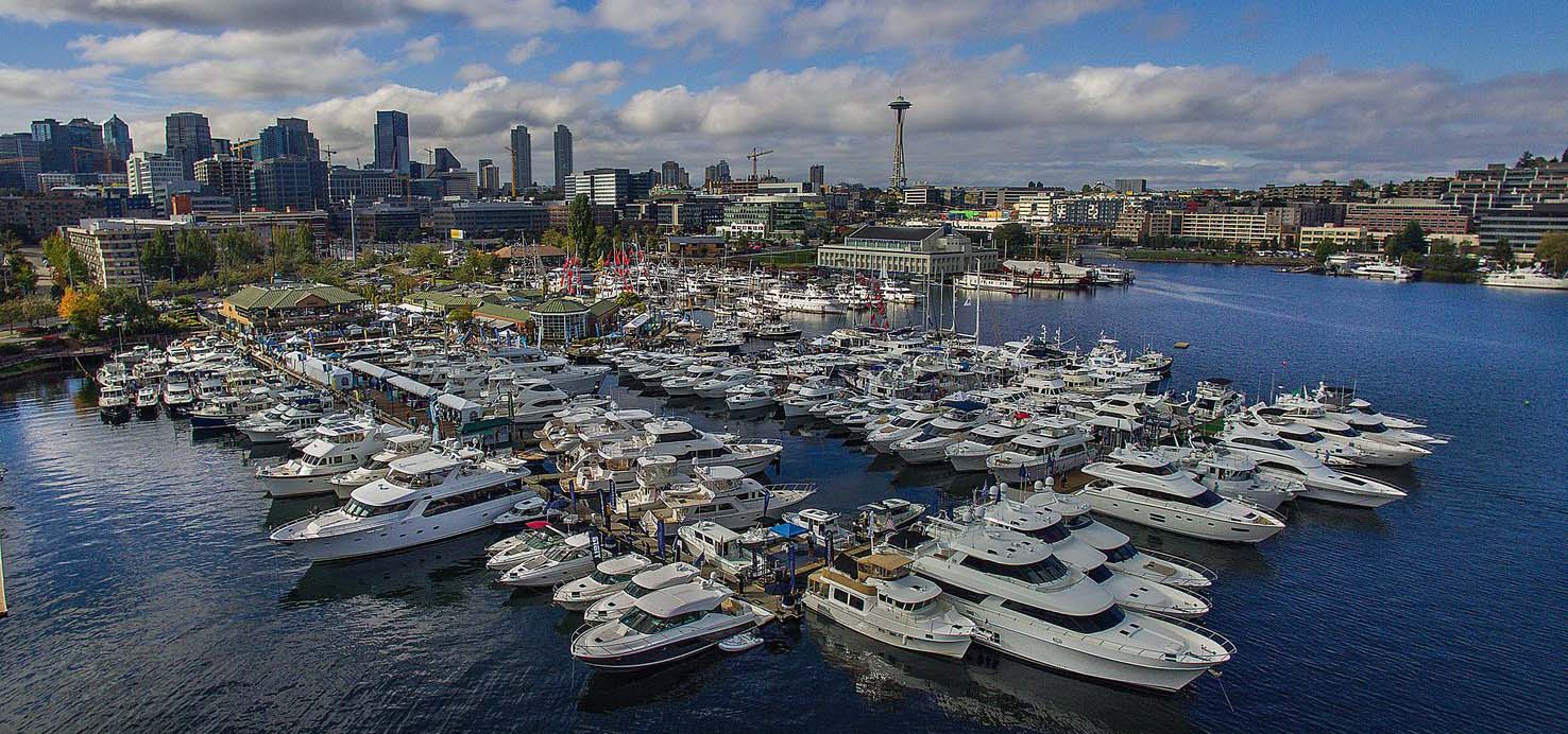 Bird's eye view of Lake Union and yachts moored for the boat show.