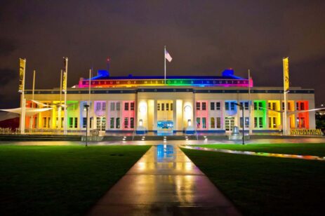MOHAI lit up with rainbow lights.