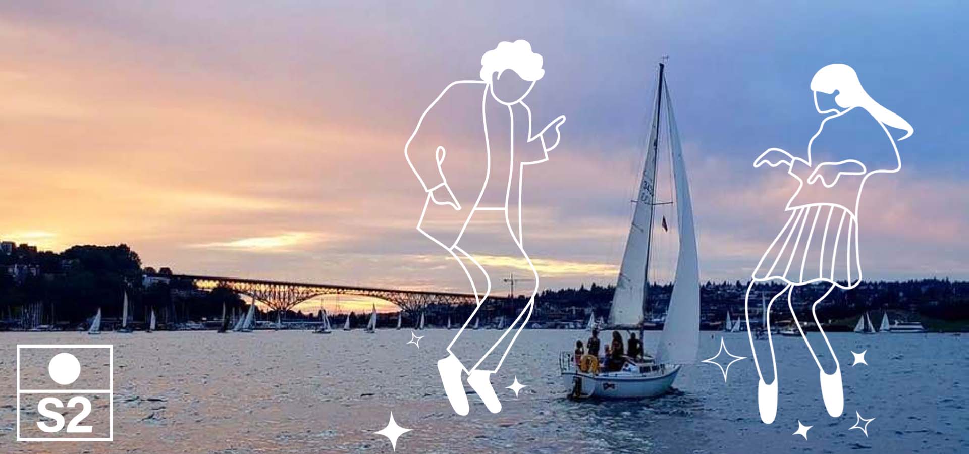 Sunset view of South Lake Union with sailboats; also overlapped with drawing images of people dancing on the water