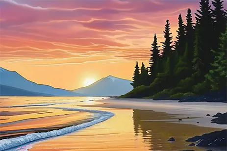 painting of nw coast at sunset