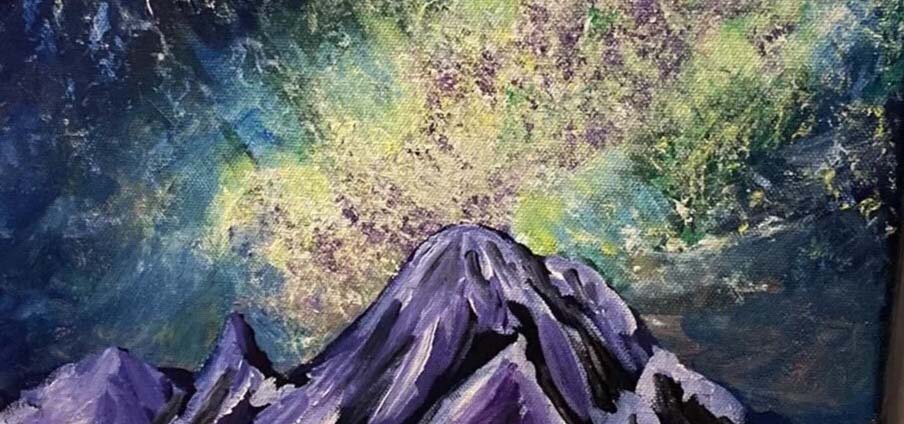 Painting of purple mountains.