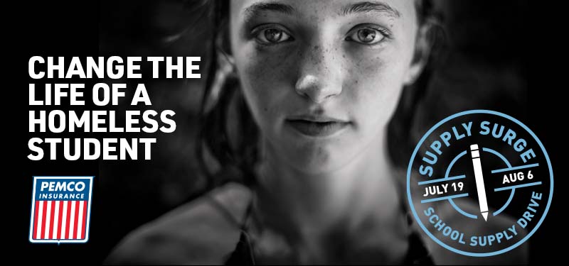 Black & white photo of a girl and text reading, 'change the life of a homeless student.'