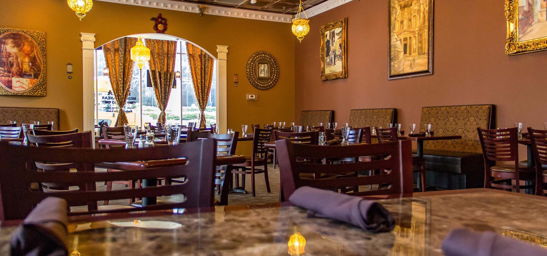 Interior view of a Mediterrean restaurant.