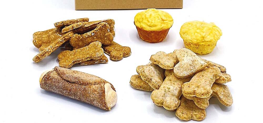 Array of fresh baked dog treats displayed near a take home box.