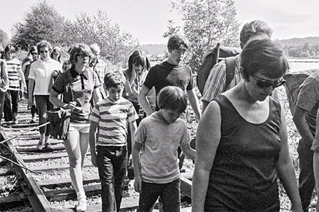 historical image of people walking along the tracks