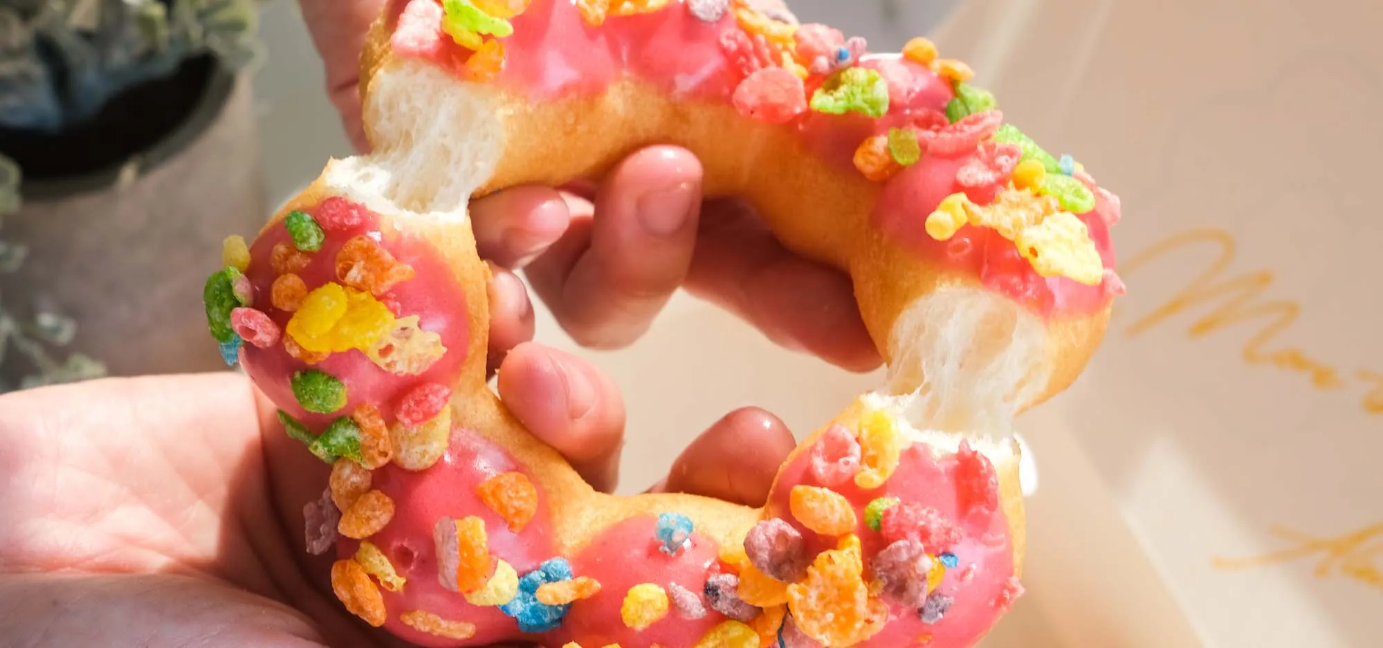 A pink donut being pulled apart.