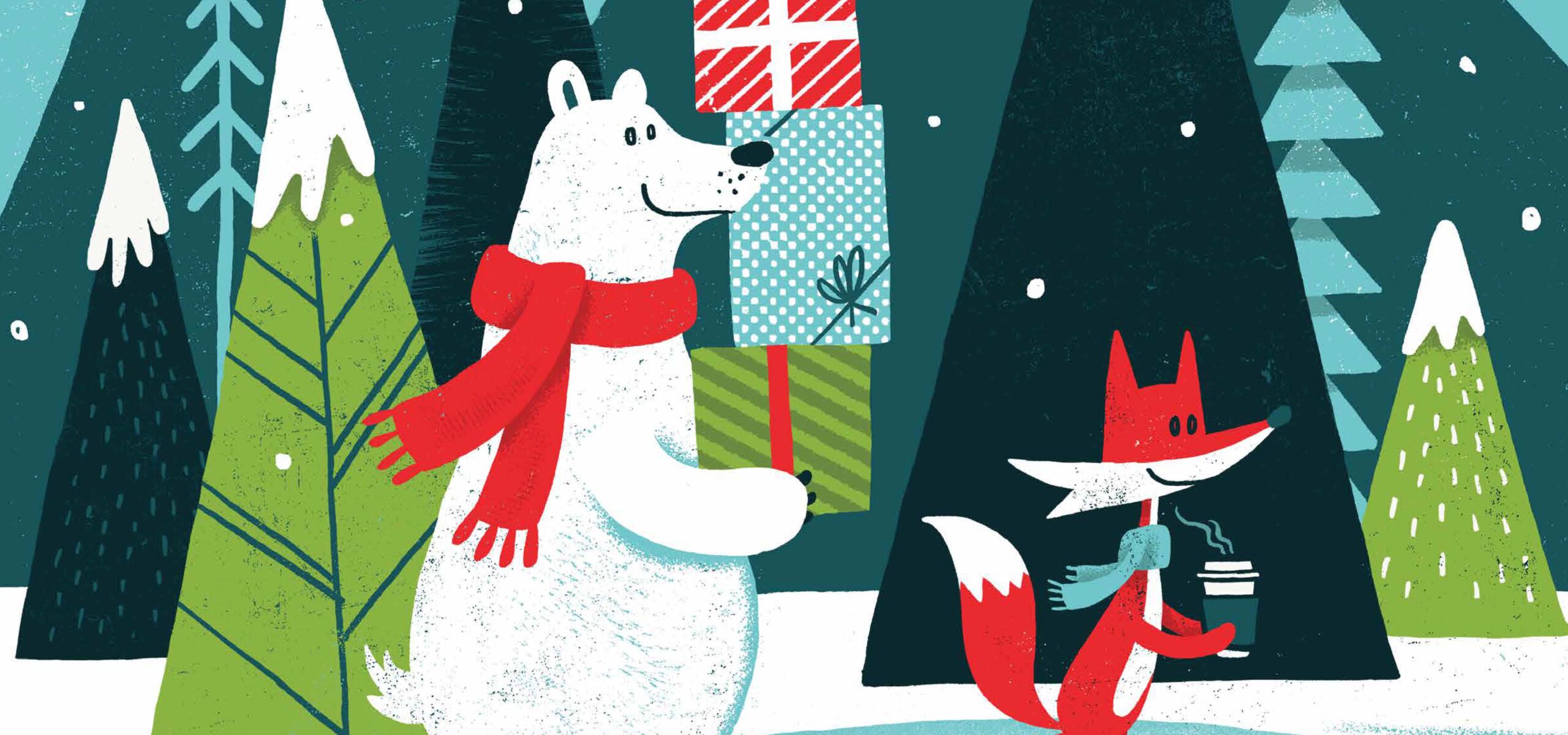 Holiday graphic of woodland animals shopping for holiday gifts.