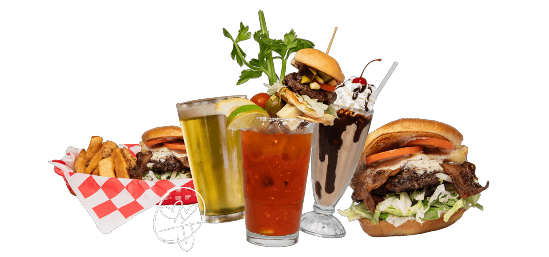 burger, shake, beer, bloody mary