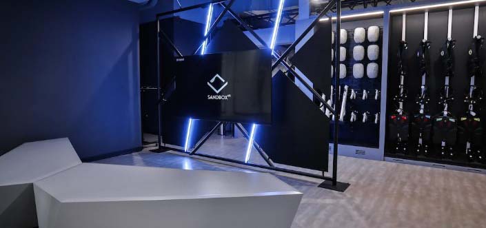 Lobby of a VR company filled with lasers.