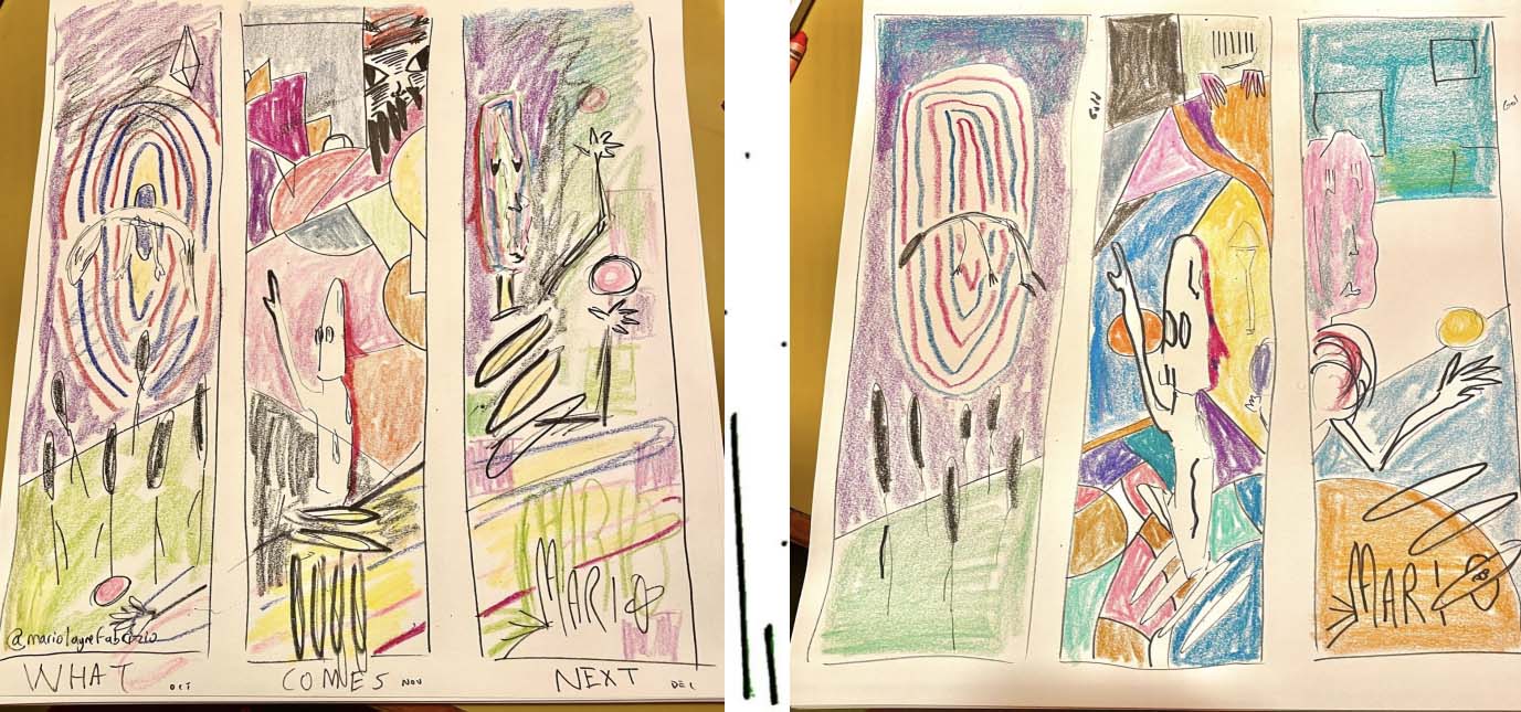 Colorful sketch drawings in a two notebooks.