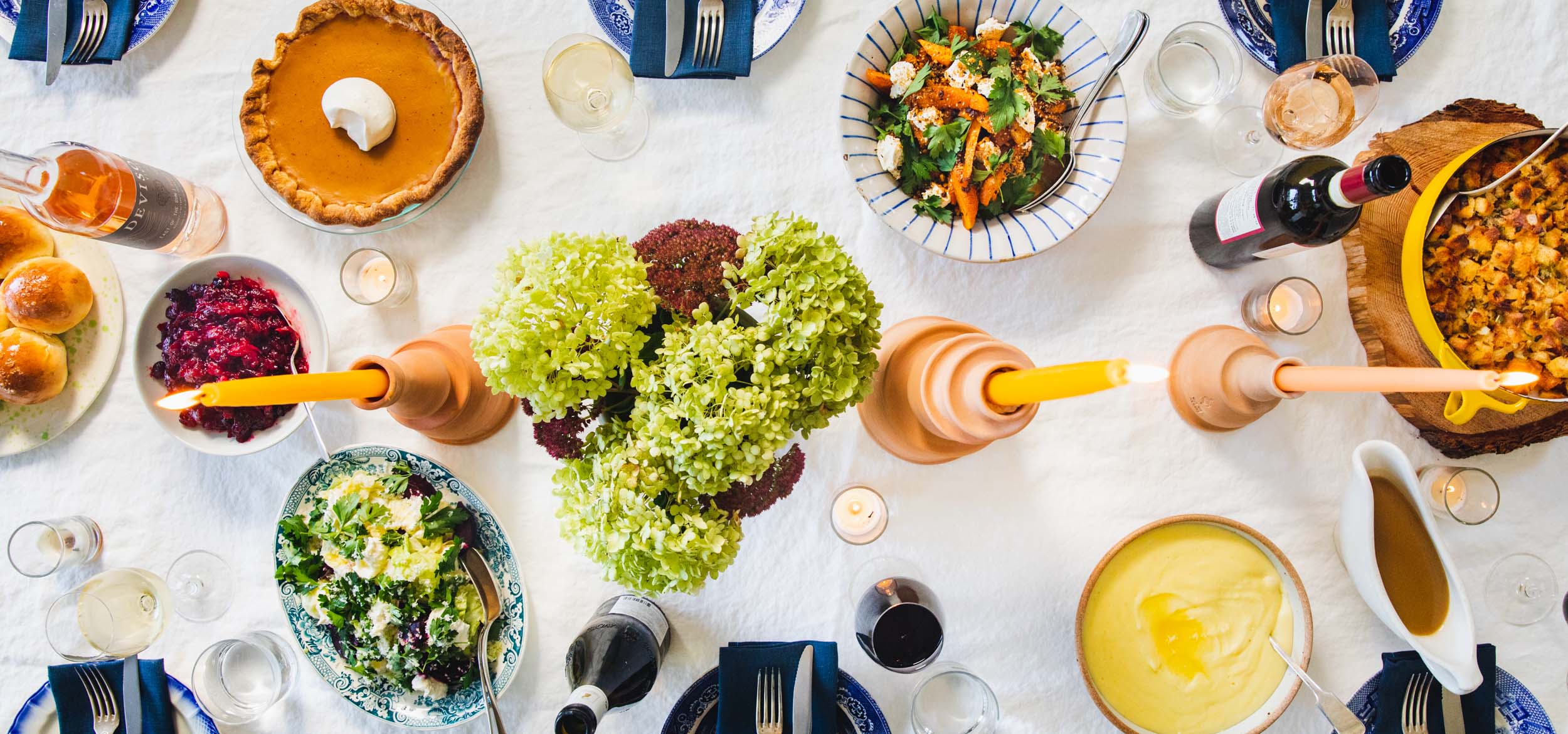 Thanksgiving meal on a table.