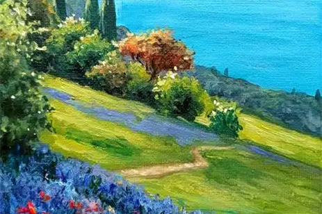 painting of mountainside & ocean