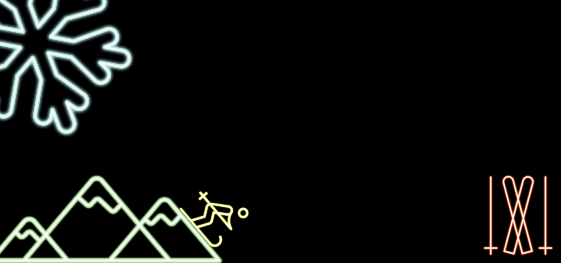Black neon image with snowflakes, mountains, and skis.
