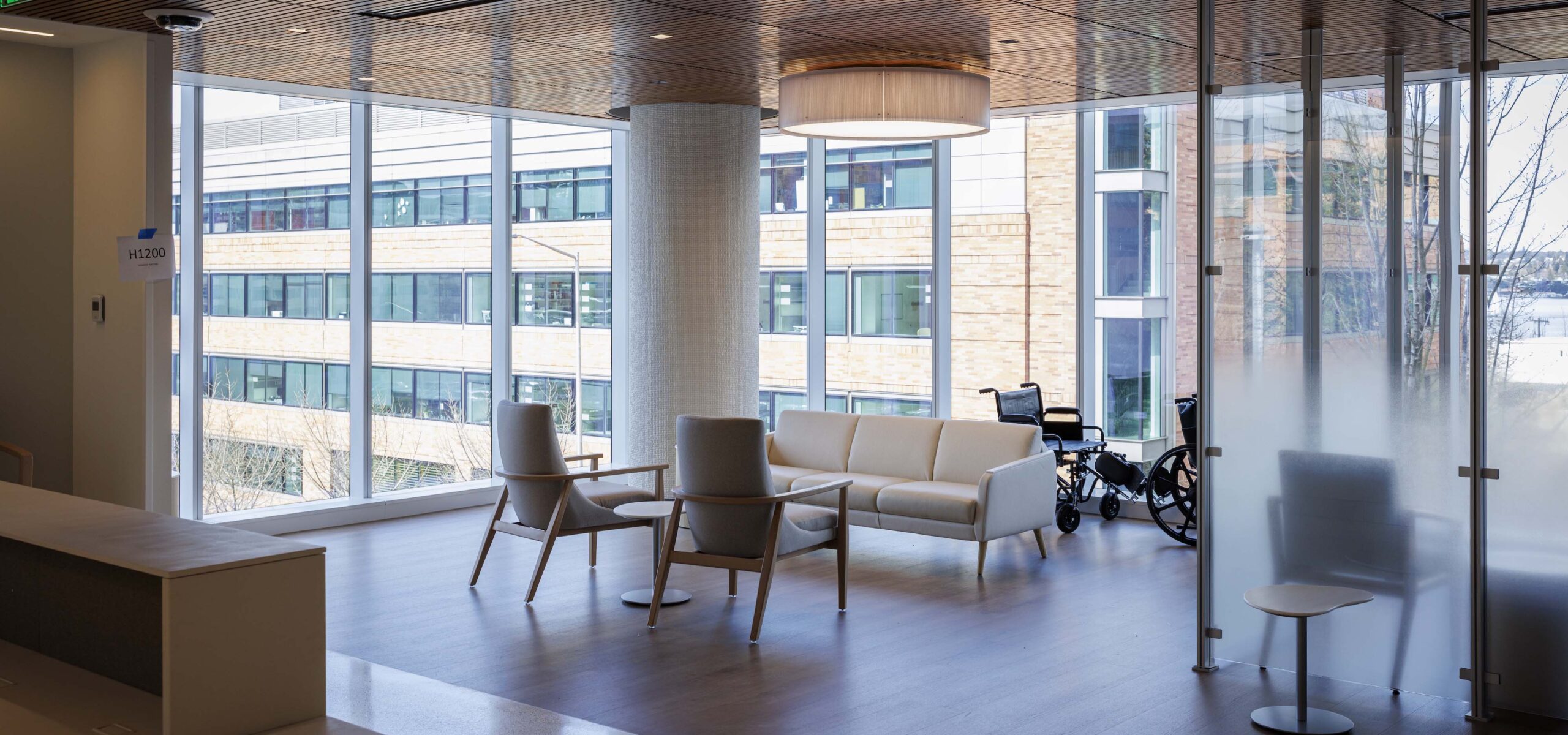 Inside an empty hospital lobby.