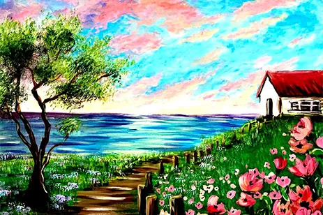 cabin by water with flowers