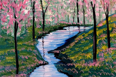 painting of river in woods in spring
