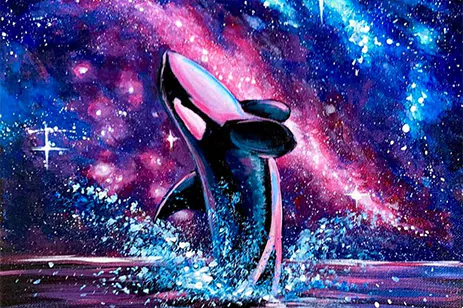 orca leaping with galaxy background