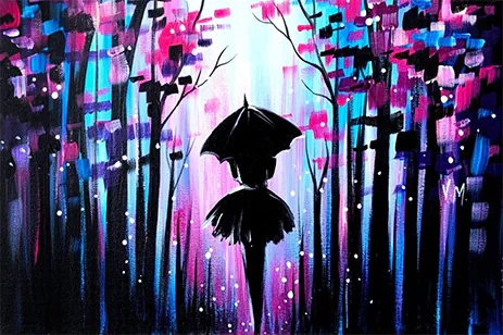 woman walking through stylized forest