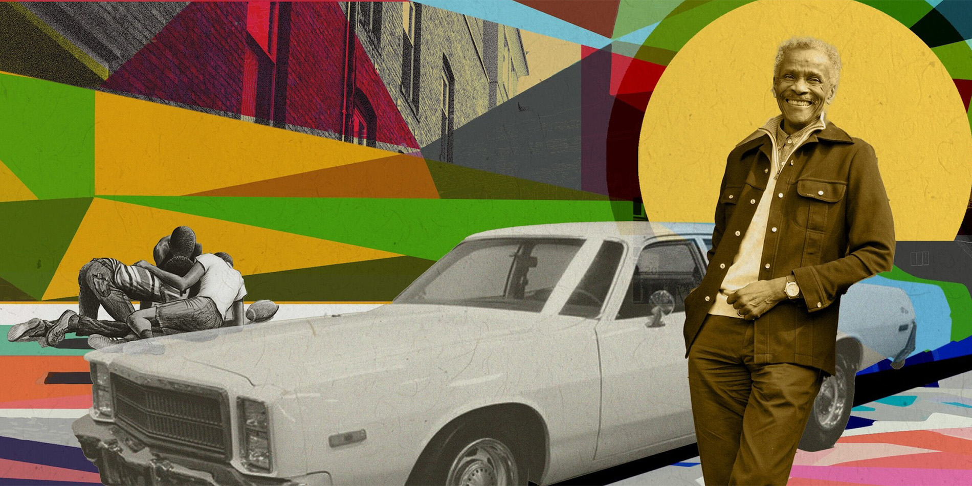 man standing in front of car with colorful background