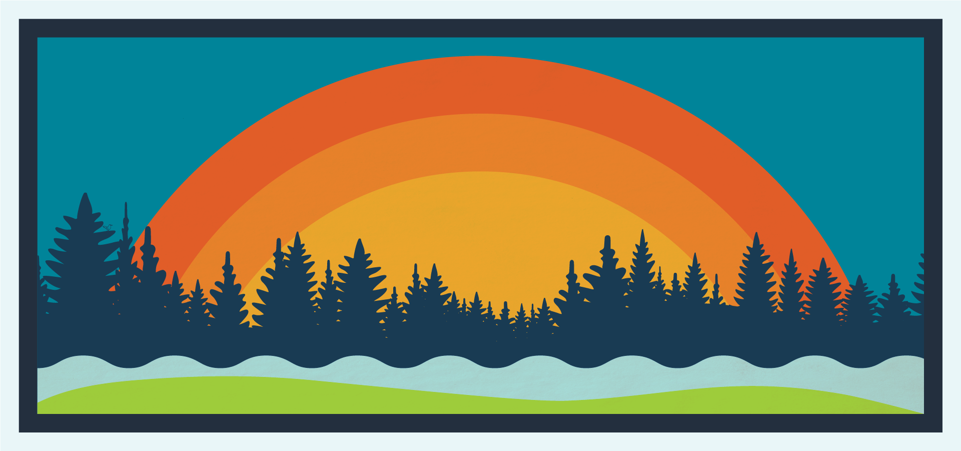 Sunset graphic with oranges, blues, and greens.