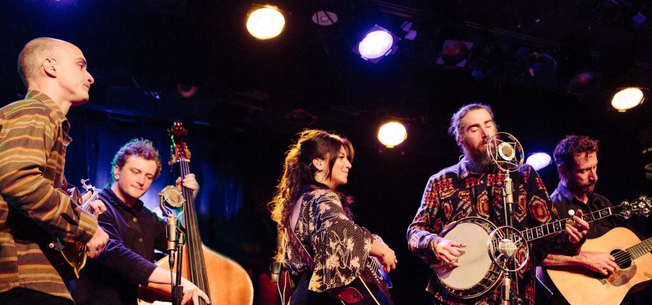 A band playing live at night.