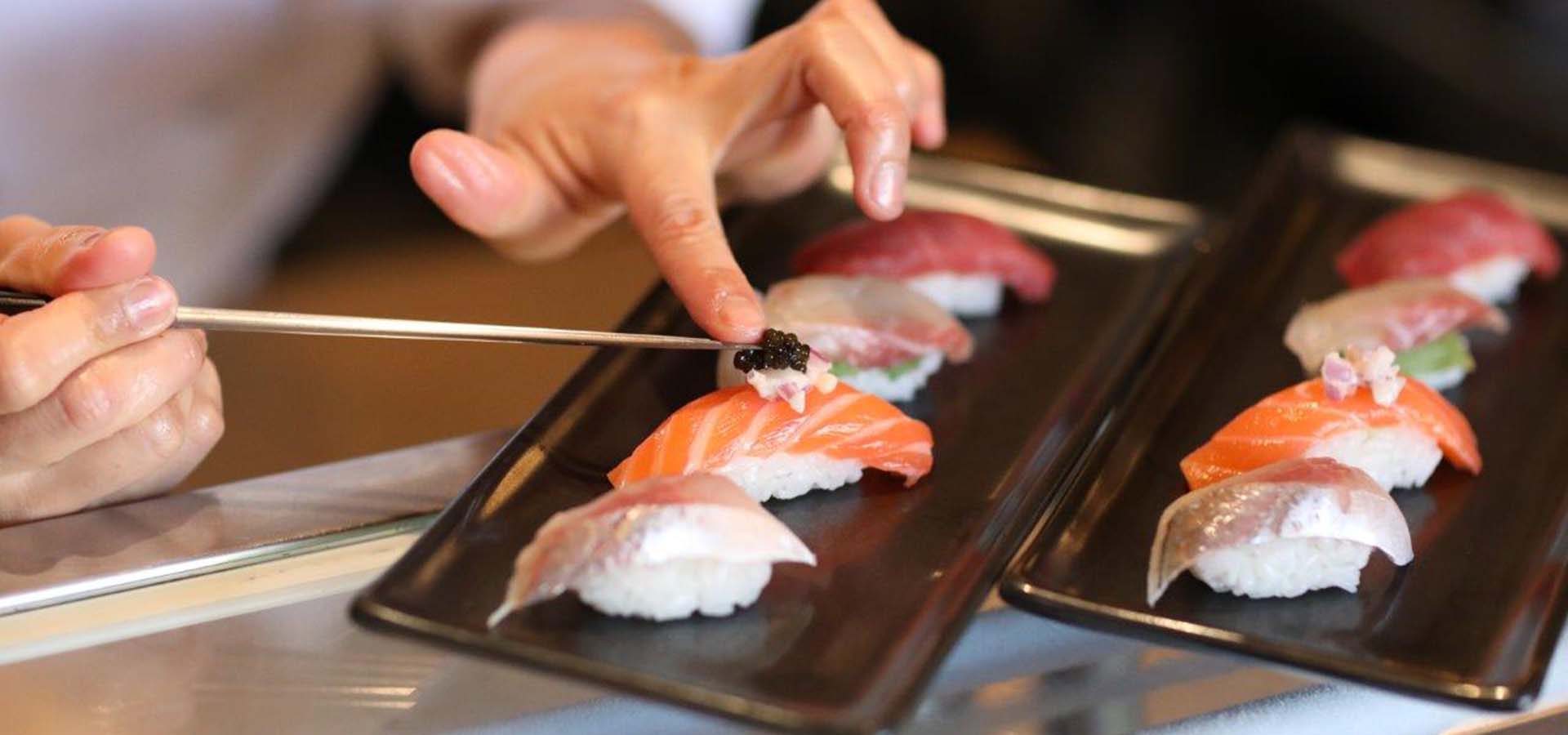 Display of prepared sushi.