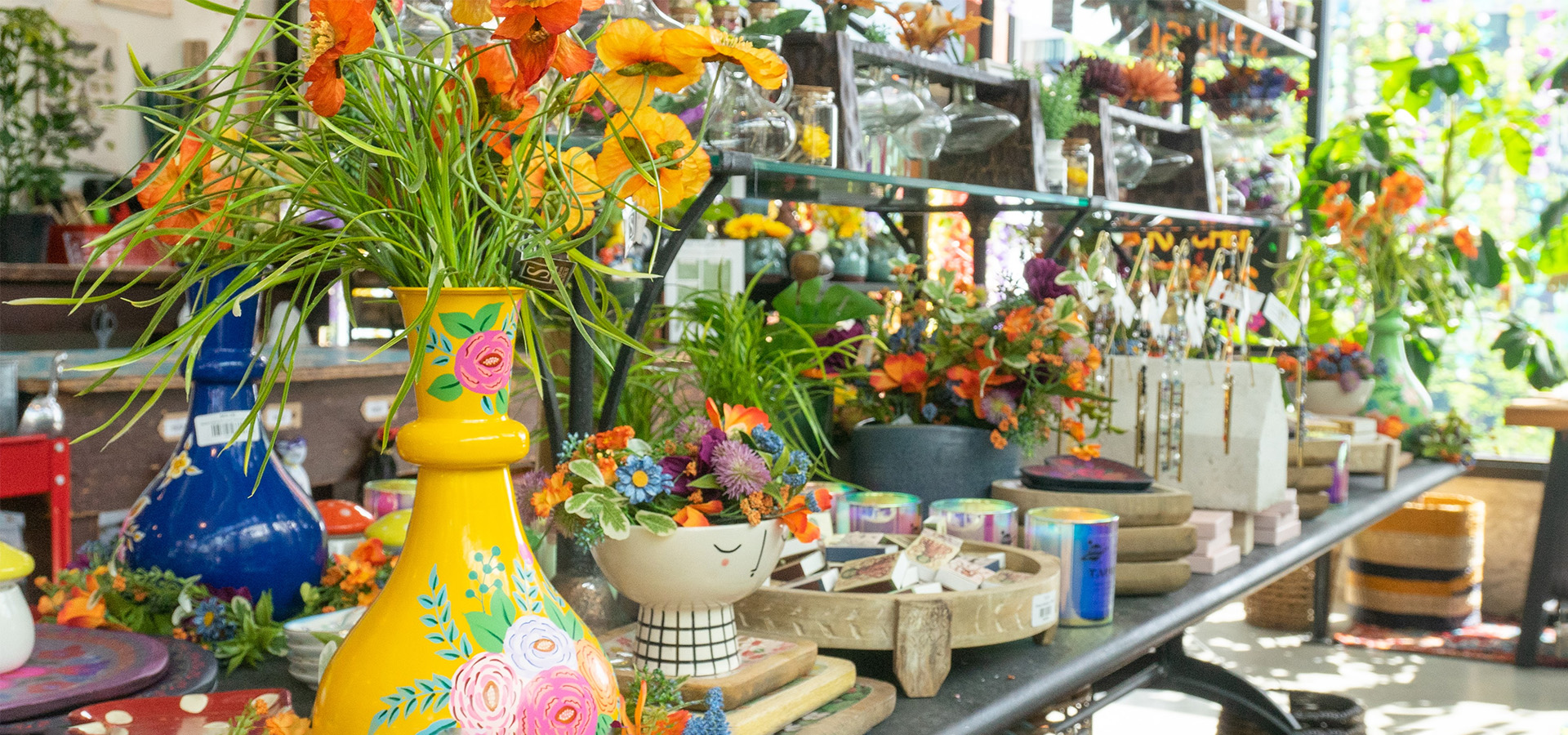 close up of plants and vases