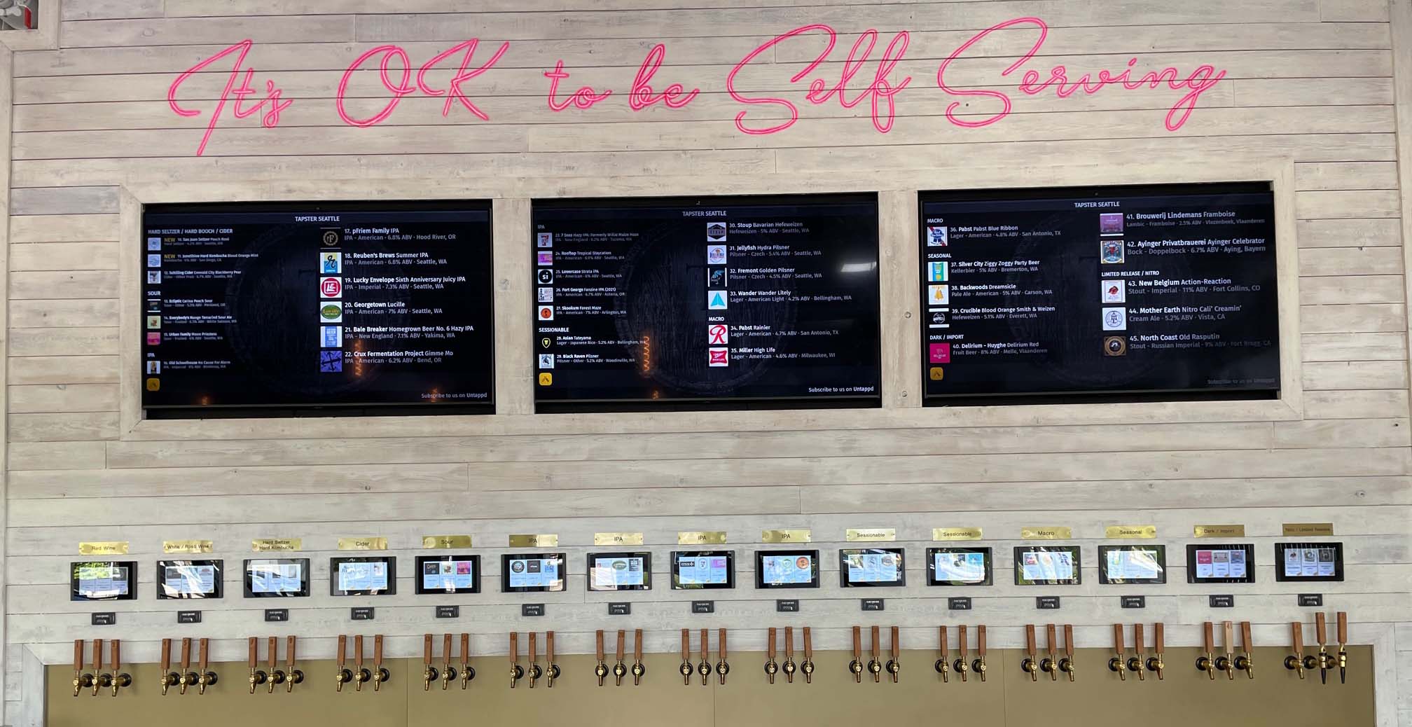 Wall display of touch screen taps for beer sampling.