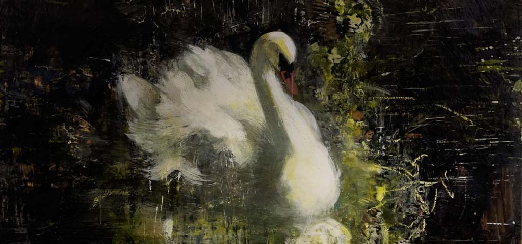 Oil painting of a white swan on a dark canvass.