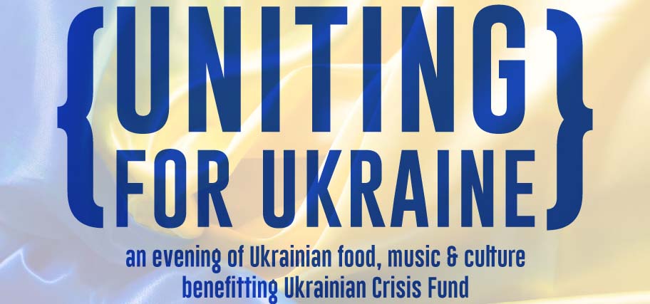 Blue and yellow text reading Uniting for Ukraine.