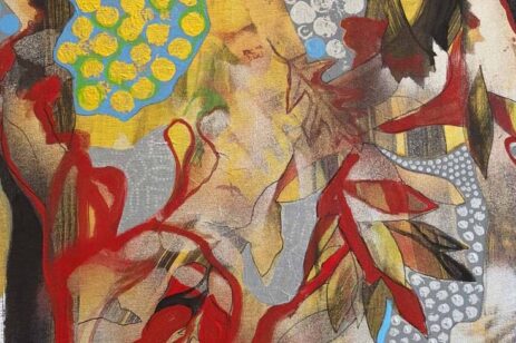 Abstract painting wit reds and yellows.
