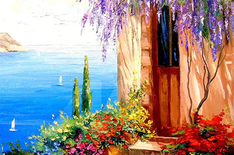 painting of house and sea