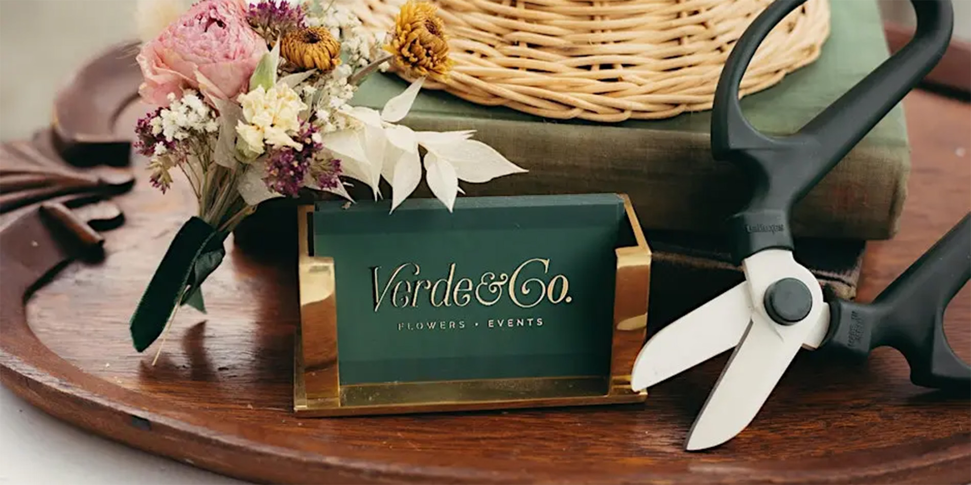 Verde & Co business cards and flowers