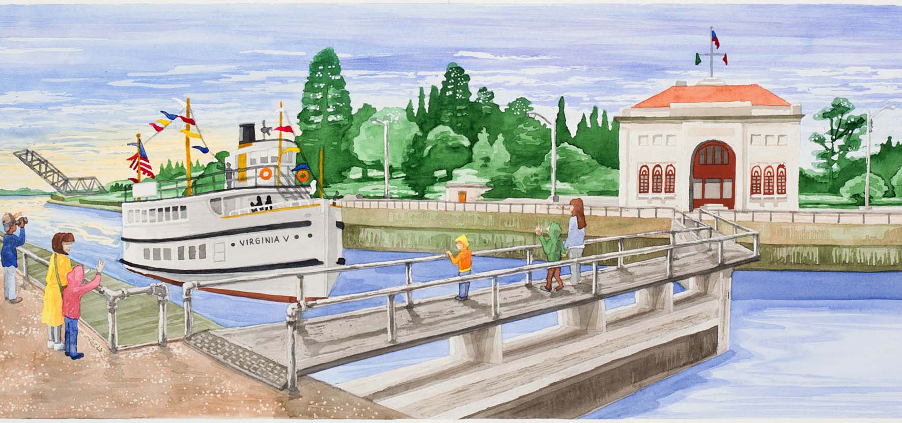 Color pencil drawing of a steamer ship waiting at a water locks byway.