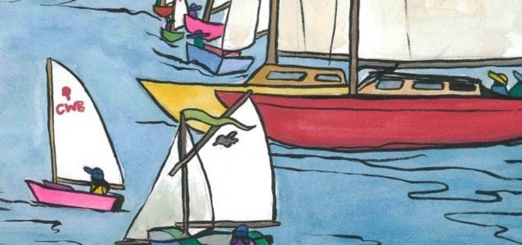 Cartoon graphic of boats sailing on a lake.