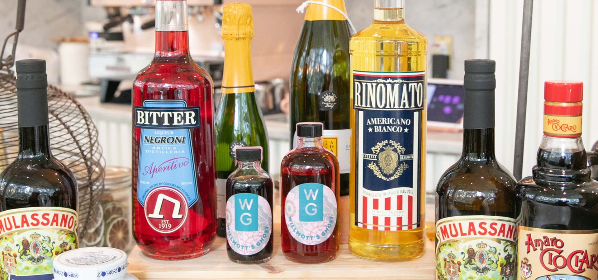 Bar display with bottles of liquors.