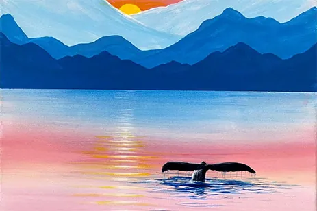 painting of whale tail at sunset